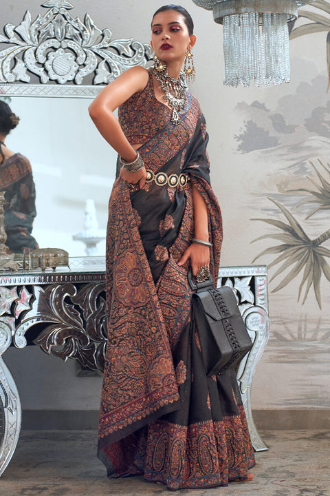 VastraLakshmi Pretty Black Pashmina saree With Elegant Blouse Piece