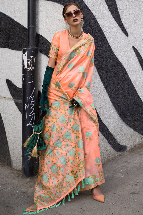 VastraLakshmi Imaginative Orange Parsi Handloom Woven Banarasi Silk Saree With Blouse Piece