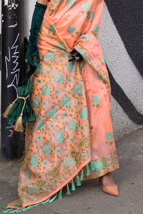 VastraLakshmi Imaginative Orange Parsi Handloom Woven Banarasi Silk Saree With Blouse Piece