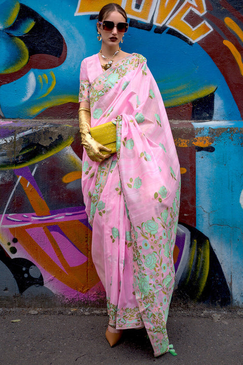 VastraLakshmi Quintessential Pink Parsi Handloom Woven Banarasi Silk Saree With Blouse Piece