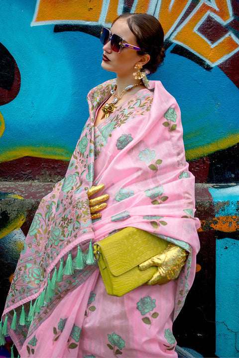 VastraLakshmi Quintessential Pink Parsi Handloom Woven Banarasi Silk Saree With Blouse Piece