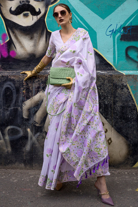 VastraLakshmi Adoring Lavender Parsi Handloom Woven Banarasi Silk Saree With Blouse Piece