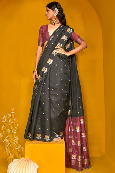 VastraLakshmi Twirling Black Soft Banarasi Silk Saree With Admirable Blouse Piece