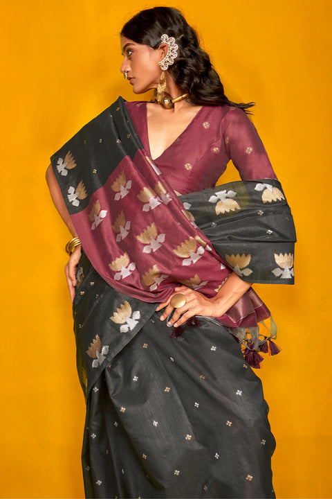 VastraLakshmi Twirling Black Soft Banarasi Silk Saree With Admirable Blouse Piece