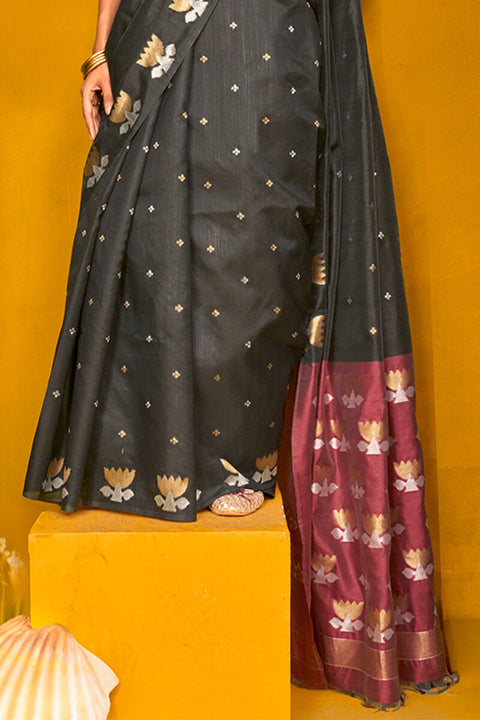 VastraLakshmi Twirling Black Soft Banarasi Silk Saree With Admirable Blouse Piece