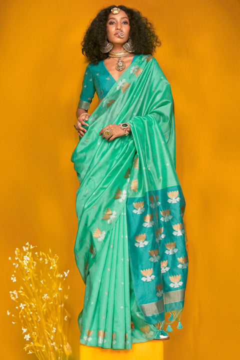 VastraLakshmi Assemblage Turquoise  Soft Banarasi Silk Saree With Epiphany Blouse Piece