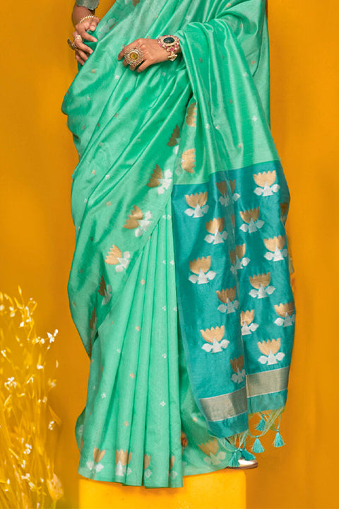 VastraLakshmi Assemblage Turquoise  Soft Banarasi Silk Saree With Epiphany Blouse Piece