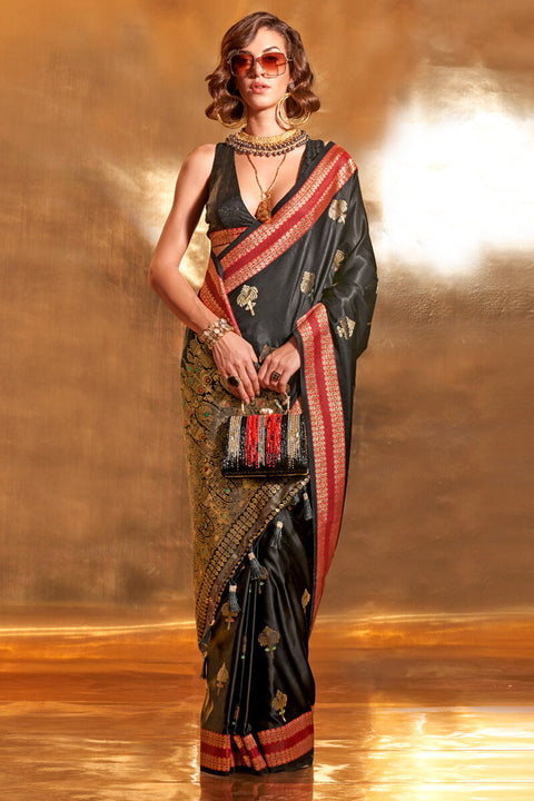 VastraLakshmi Gorgeous Black Soft Banarasi Silk Saree With Stylish Blouse