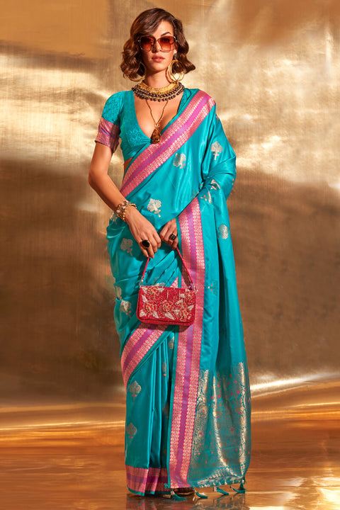 VastraLakshmi Glowing Firozi Soft Banarasi Silk Saree With Eye-catching Blouse