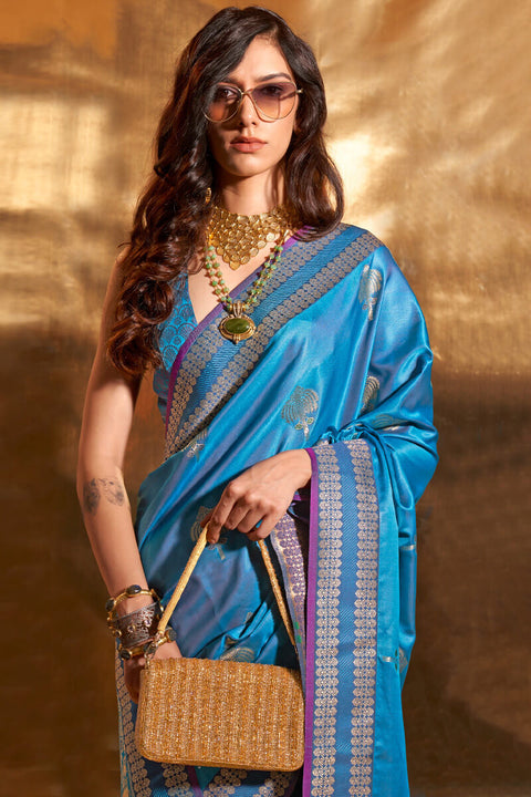 VastraLakshmi Radiant Blue Soft Banarasi Silk Saree With Prominent Blouse