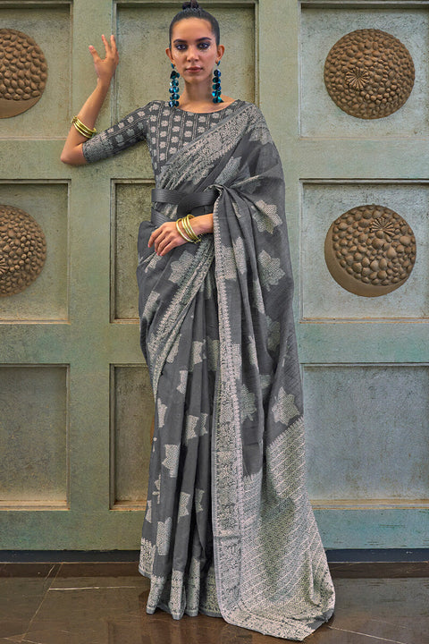 VastraLakshmi Gorgeous Grey Lucknowi Silk Saree With Stylish Blouse Piece