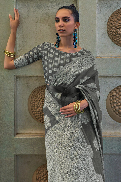 VastraLakshmi Gorgeous Grey Lucknowi Silk Saree With Stylish Blouse Piece