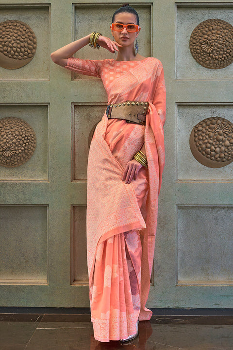 VastraLakshmi Gratifying Peach Lucknowi Silk Saree With Charming Blouse Piece