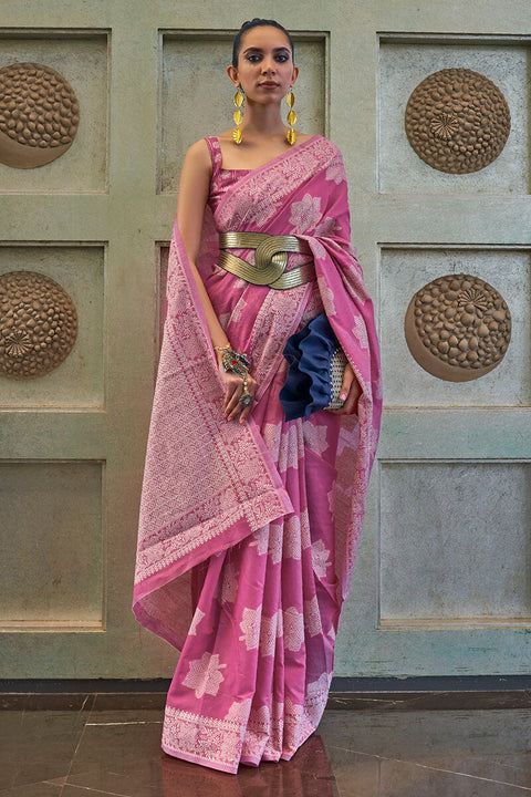 VastraLakshmi Girlish Dark Pink Lucknowi Silk Saree With Beautiful Blouse Piece