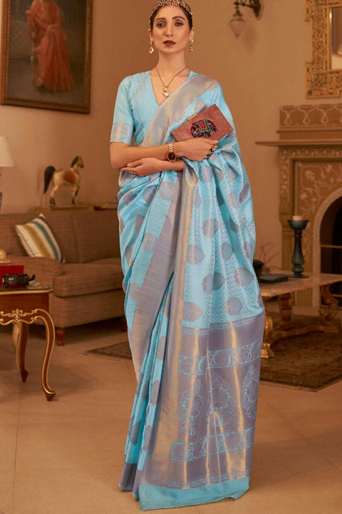 VastraLakshmi Elegant Sky Soft Banarasi Silk Saree With Sizzling Blouse Piece