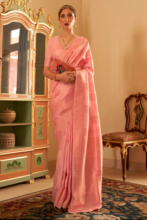 VastraLakshmi Captivating Peach Soft Banarasi Silk Saree With Blissful Blouse Piece