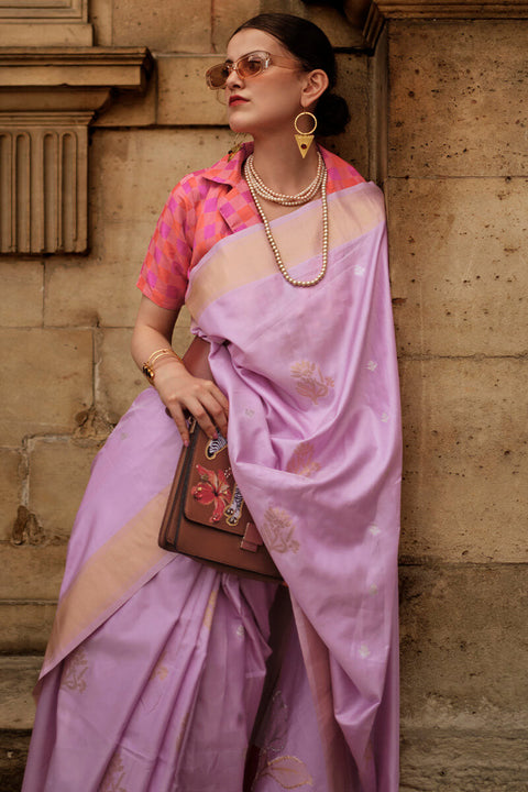 VastraLakshmi Imbrication Lavender Soft Banarasi Silk Saree With Effervescent Blouse Piece