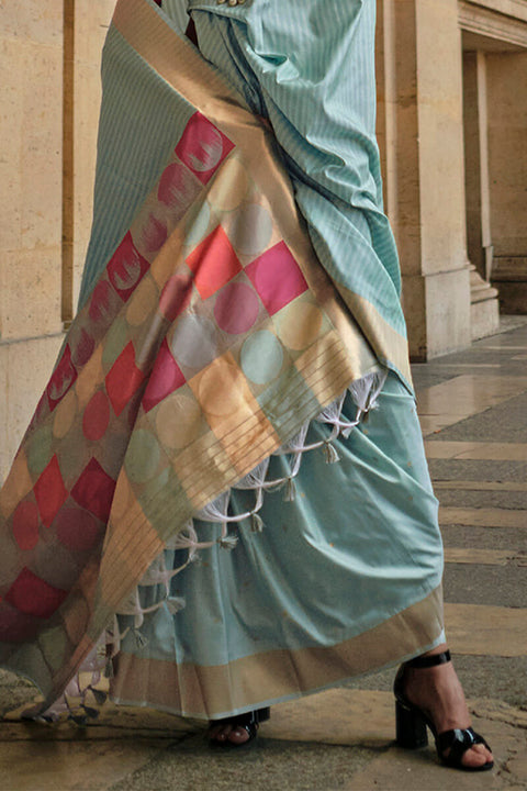 VastraLakshmi Girlish Sky Soft Banarasi Silk Saree With Unique Blouse Piece