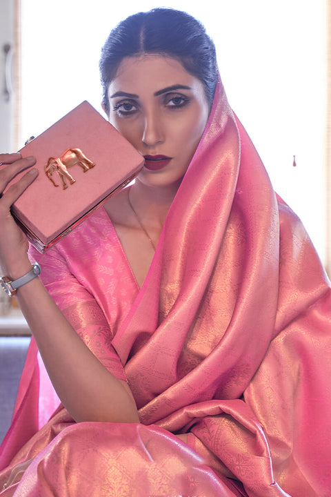 VastraLakshmi Lovely Pink Kanjivaram Silk Saree With Mesmerising Blouse Piece