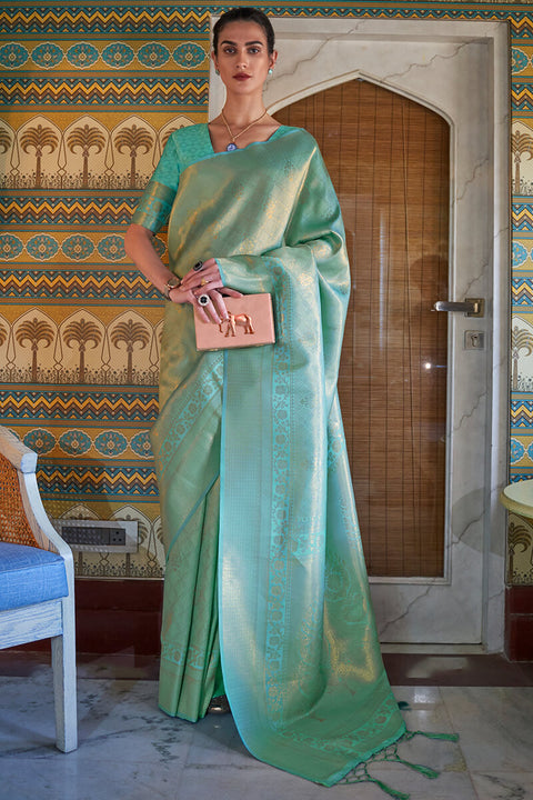 VastraLakshmi Gossamer Sea Green Kanjivaram Silk Saree With Palimpsest Blouse Piece