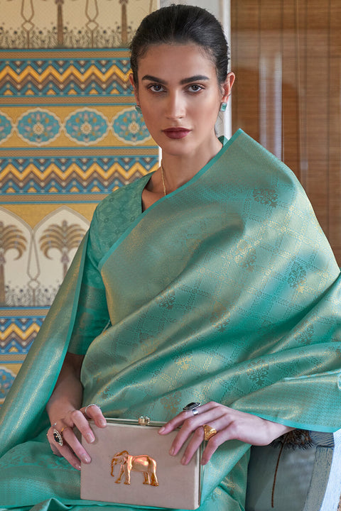 VastraLakshmi Gossamer Sea Green Kanjivaram Silk Saree With Palimpsest Blouse Piece