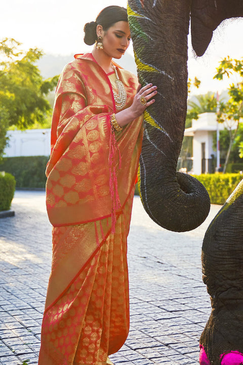 VastraLakshmi Charming Orange Kanjivaram Silk Saree With Skinny Blouse Piece