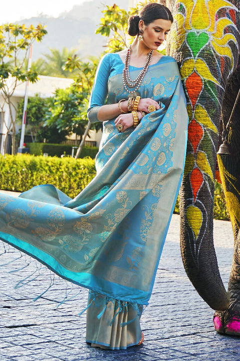 VastraLakshmi Arresting Firozi Kanjivaram Silk Saree With Flamboyant Blouse Piece