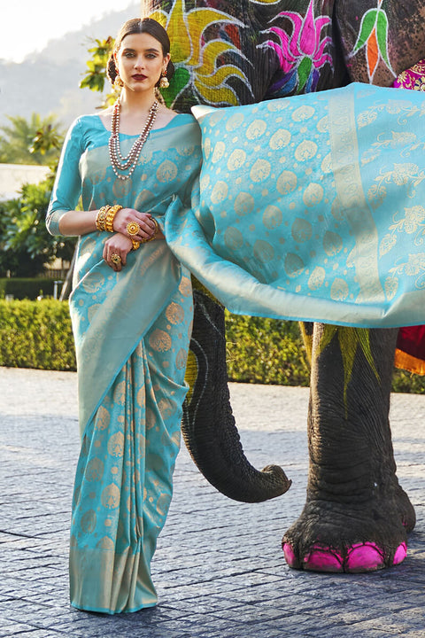 VastraLakshmi Arresting Firozi Kanjivaram Silk Saree With Flamboyant Blouse Piece