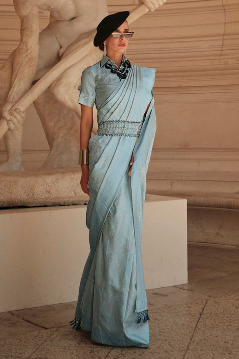 VastraLakshmi Snazzy Sky Kanjivaram Silk Saree With Prodigal Blouse Piece