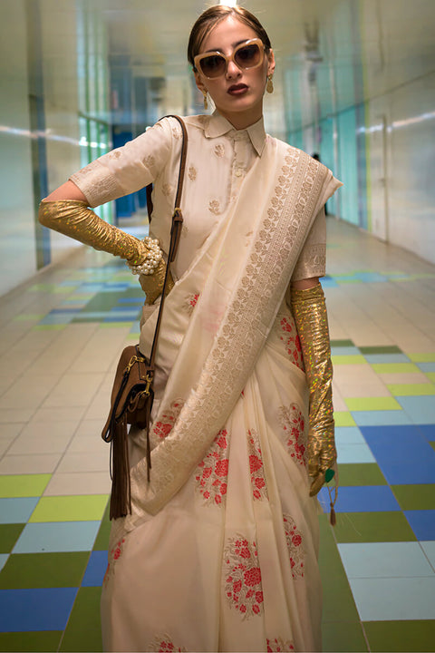 VastraLakshmi Brood Beige Soft Banarasi Silk Saree With Diaphanous Blouse Piece