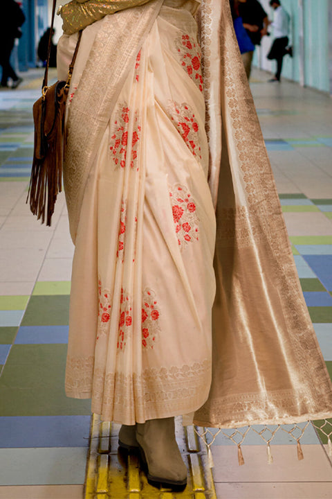 VastraLakshmi Brood Beige Soft Banarasi Silk Saree With Diaphanous Blouse Piece