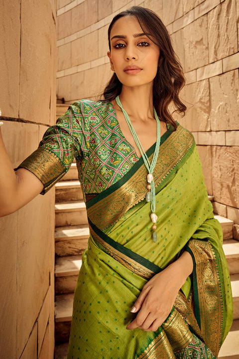 VastraLakshmi Ornate Green Patola Silk Saree with Tremendous Blouse Piece