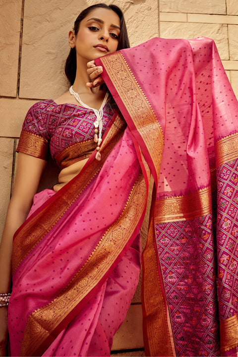 VastraLakshmi Imaginative Pink Patola Silk Saree with Imaginative Blouse Piece