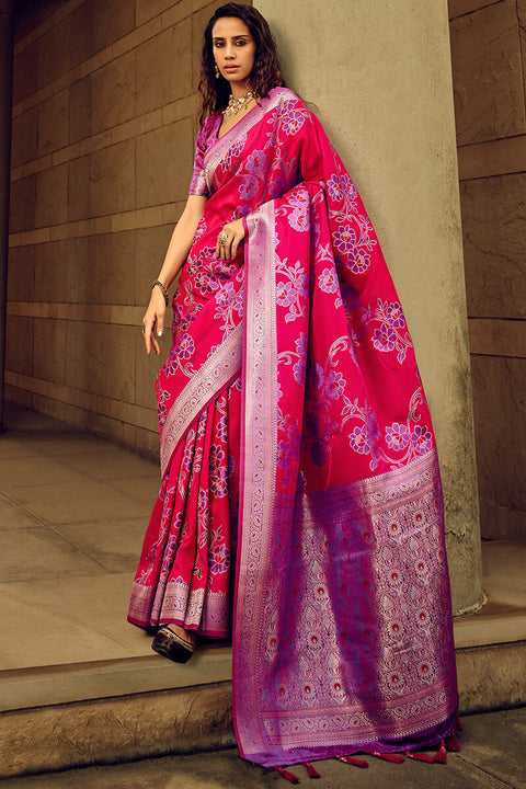 VastraLakshmi Resplendent Dark Pink Soft Banarasi Silk Saree With Enigmatic Blouse