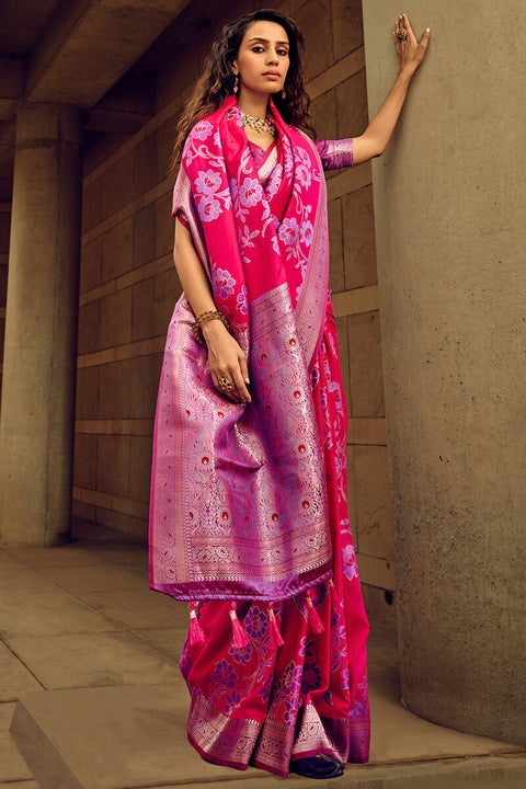 VastraLakshmi Resplendent Dark Pink Soft Banarasi Silk Saree With Enigmatic Blouse