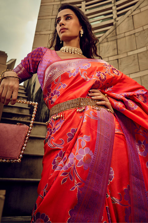 VastraLakshmi Pulsating Red Soft Banarasi Silk Saree With Vibrant Blouse