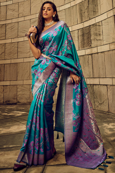 VastraLakshmi Lustrous Rama Soft Banarasi Silk Saree With Rhapsodic Blouse