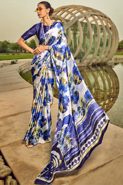 VastraLakshmi Effulgent Blue Digital Printed Satin Silk Saree With Ineffable Blouse Piece