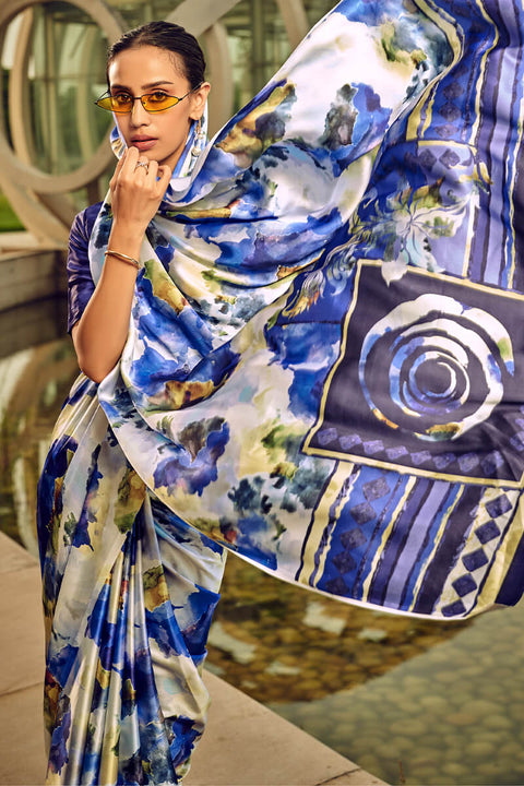 VastraLakshmi Effulgent Blue Digital Printed Satin Silk Saree With Ineffable Blouse Piece