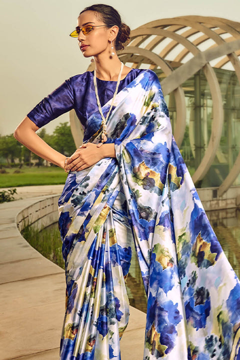 VastraLakshmi Effulgent Blue Digital Printed Satin Silk Saree With Ineffable Blouse Piece