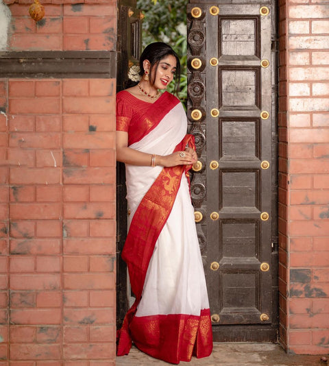 VastraLakshmi Outstanding White Soft Silk Saree With Snappy Blouse Piece