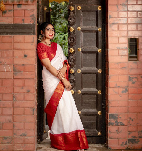 VastraLakshmi Outstanding White Soft Silk Saree With Snappy Blouse Piece