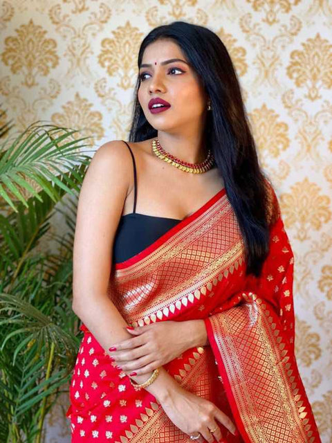 VastraLakshmi Excellent Red Soft Banarasi Silk Saree With Nemesis Blouse Piece