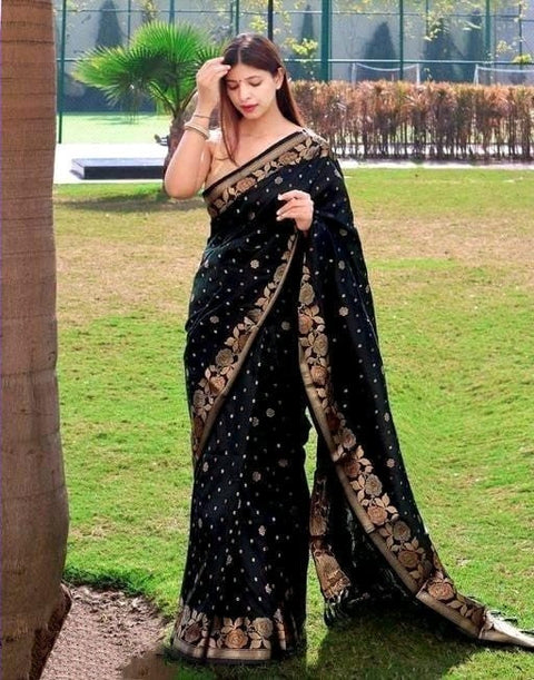 VastraLakshmi Staggering Black Soft Banarasi Silk Saree With Lagniappe Blouse Piece