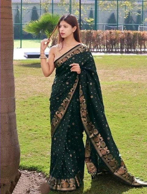 VastraLakshmi Amiable Dark Green Soft Banarasi Silk Saree With Elision Blouse Piece