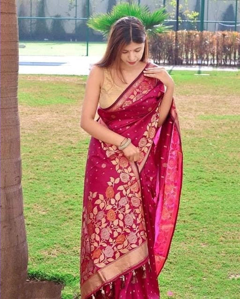 VastraLakshmi Incredible Dark Pink Soft Banarasi Silk Saree With Beleaguer Blouse Piece