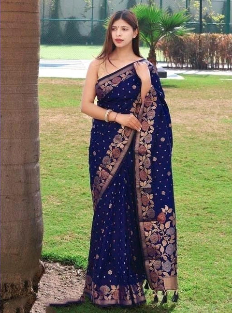 VastraLakshmi Profuse Navy Blue Soft Banarasi Silk Saree With Super extravagant Blouse Piece