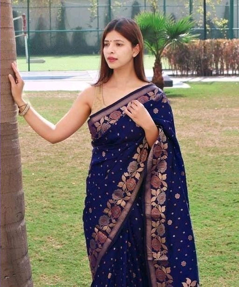 VastraLakshmi Profuse Navy Blue Soft Banarasi Silk Saree With Super extravagant Blouse Piece