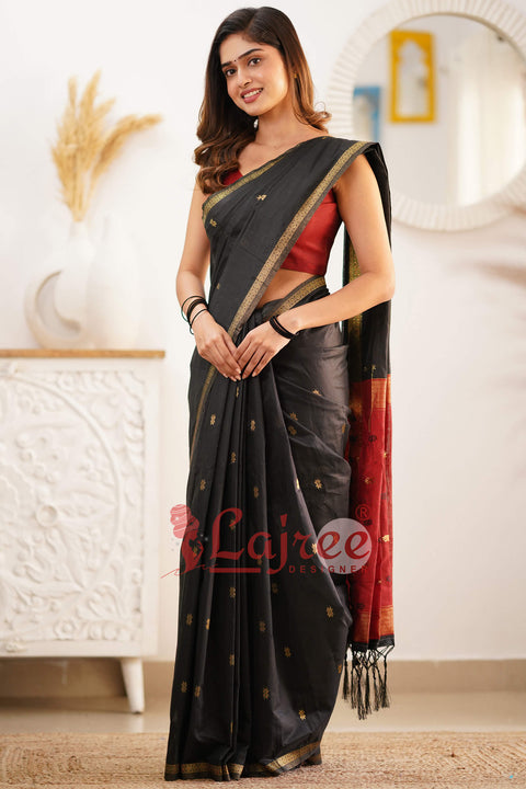 VastraLakshmi Trendy Black Cotton Silk Saree With Marvellous Blouse Piece