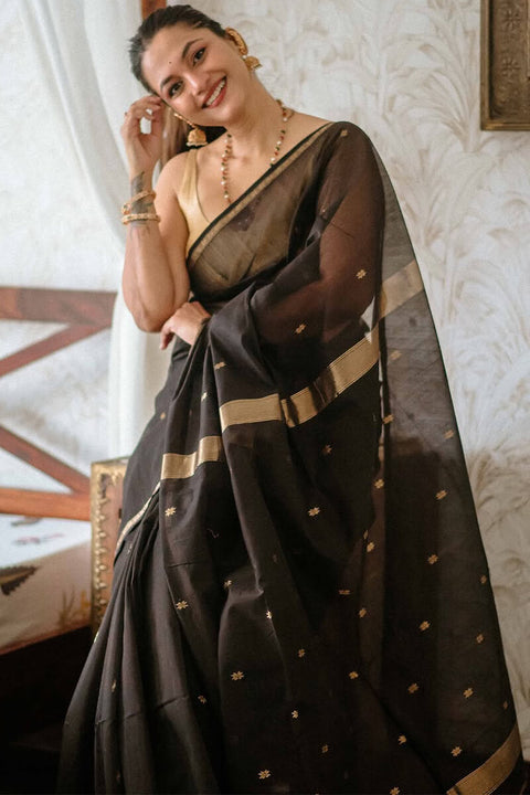 VastraLakshmi Delightful Black Cotton Silk Saree With Murmurous Blouse Piece